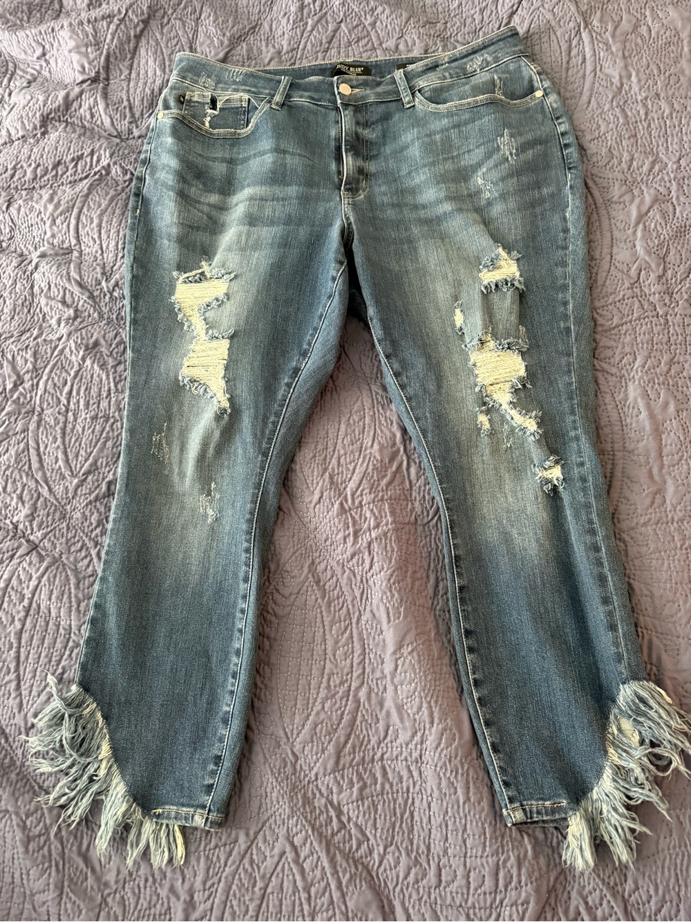 Judy Blue Light Blue Distressed Fringe Hem Jeans 18W